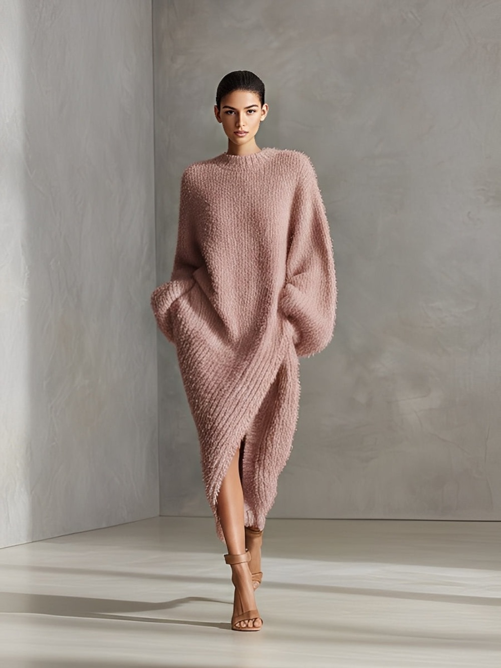 Modesees Women's Cream Elegant Faux Mink Knit Asymmetric Slit Midi Dress